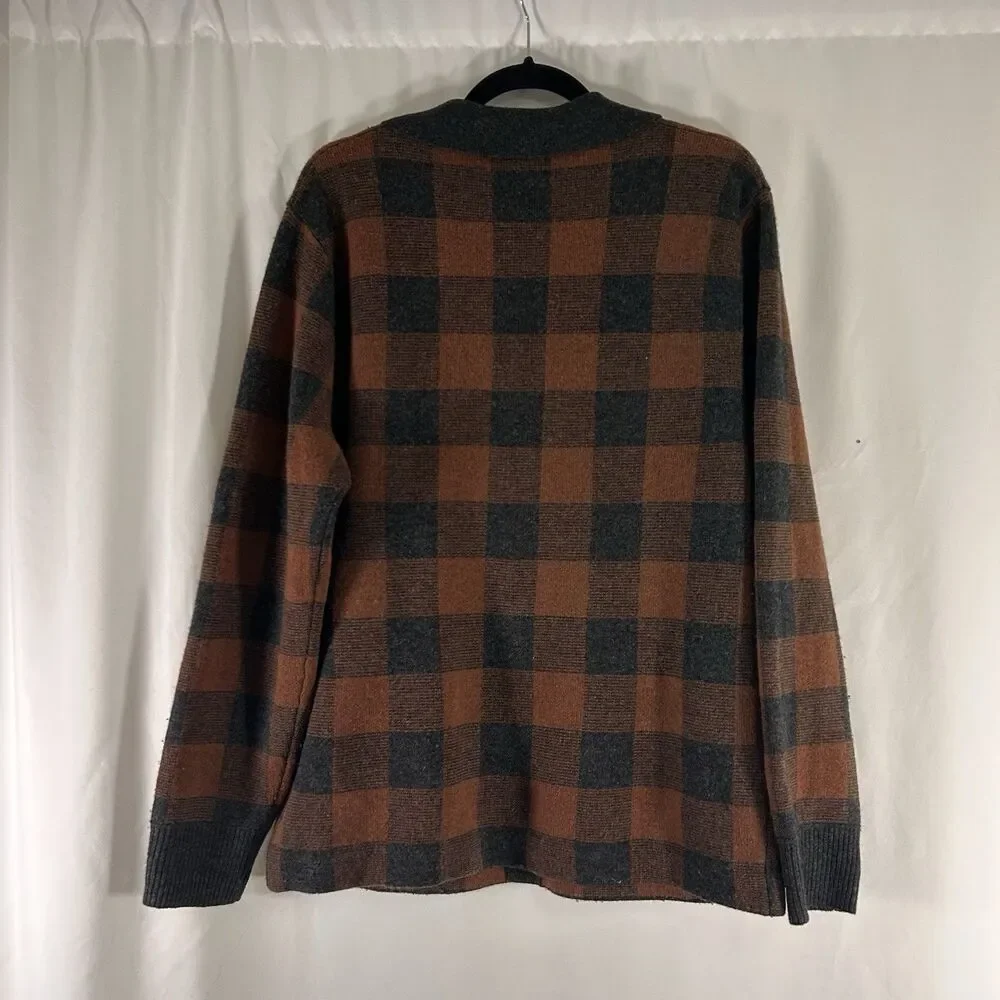 J. Crew Merino Wool Blend Cardigan Men's Large Brown Plaid Button Up Pockets